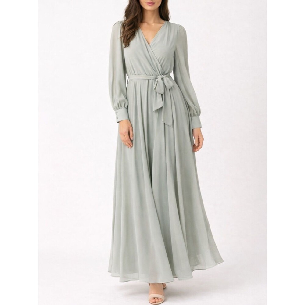 Ivy City Co Andie Dress Sage Chiffon Maxi Long Sleeve Size Medium Bridesmaid